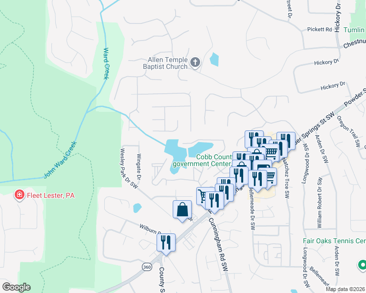 map of restaurants, bars, coffee shops, grocery stores, and more near 728 Reeves Lake Drive Southwest in Marietta