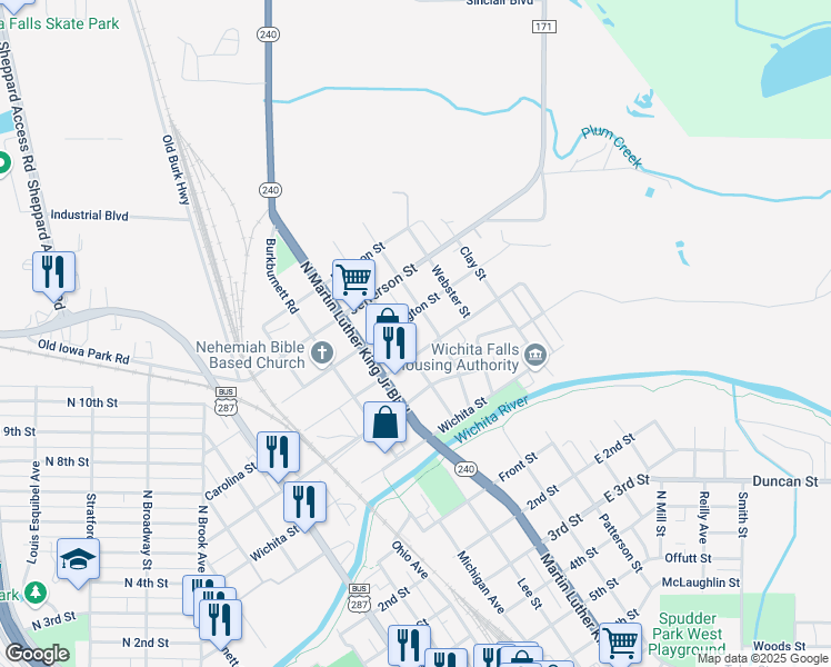 map of restaurants, bars, coffee shops, grocery stores, and more near 705 Calhoun Street in Wichita Falls