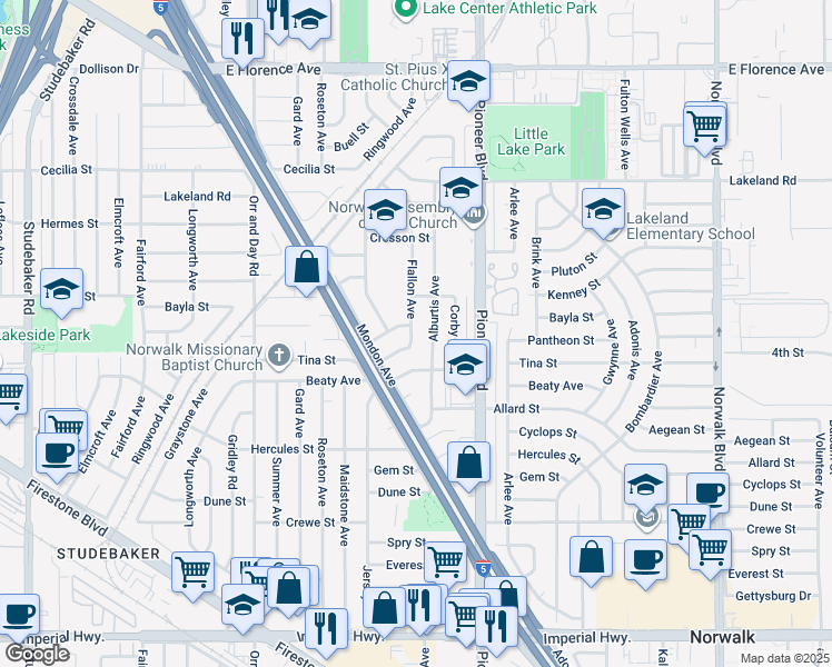 map of restaurants, bars, coffee shops, grocery stores, and more near 11508 Flallon Avenue in Norwalk