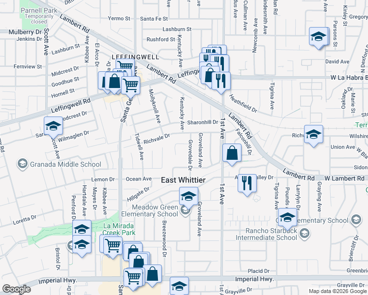 map of restaurants, bars, coffee shops, grocery stores, and more near 16052 Willows Court in Whittier