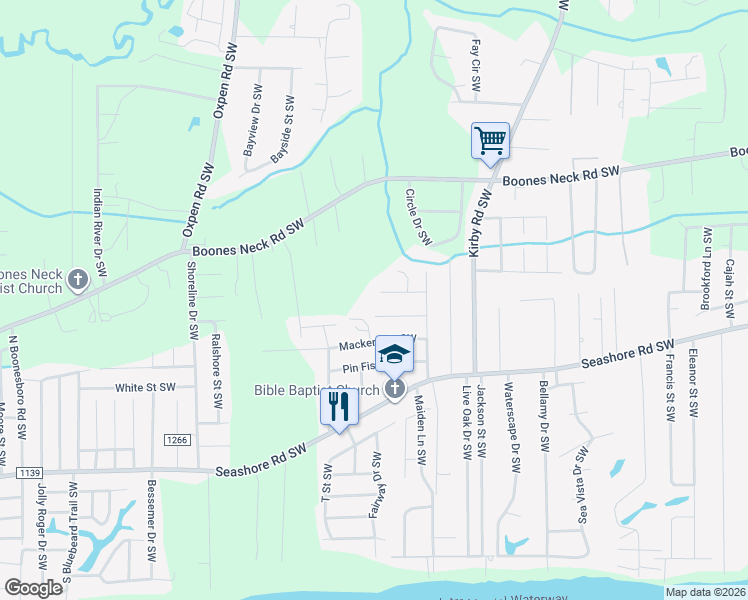 map of restaurants, bars, coffee shops, grocery stores, and more near 2497 Manteo Street Southwest in Brunswick County