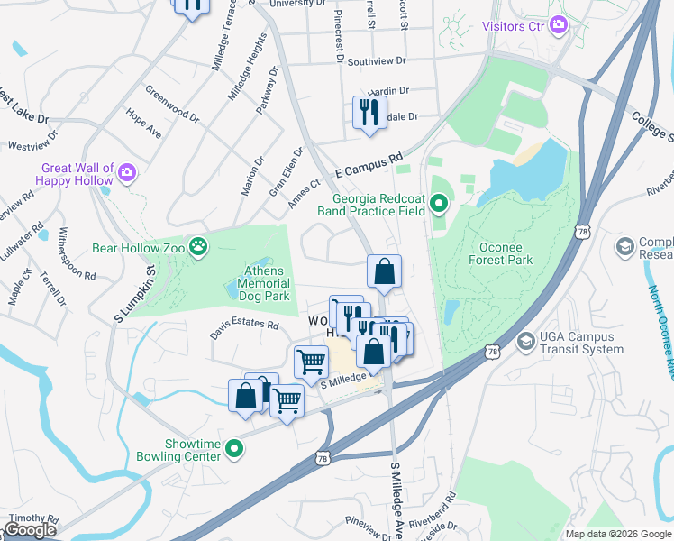map of restaurants, bars, coffee shops, grocery stores, and more near 220 Habersham Drive in Athens
