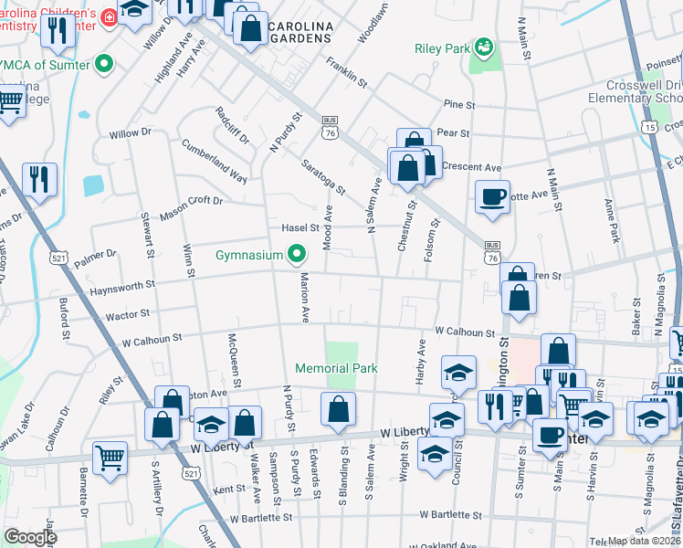 map of restaurants, bars, coffee shops, grocery stores, and more near 123 Haynsworth Street in Sumter
