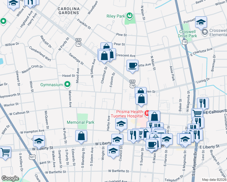 map of restaurants, bars, coffee shops, grocery stores, and more near 15 Haynsworth Street in Sumter