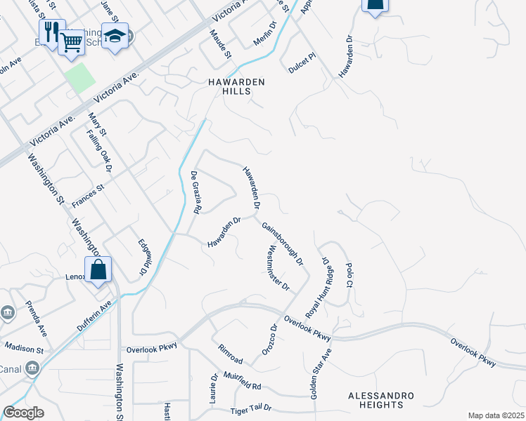 map of restaurants, bars, coffee shops, grocery stores, and more near 6756 Hawarden Drive in Riverside