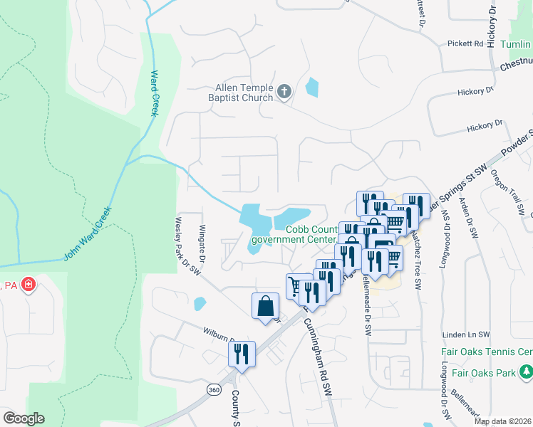 map of restaurants, bars, coffee shops, grocery stores, and more near 728 Reeves Lake Drive Southwest in Marietta