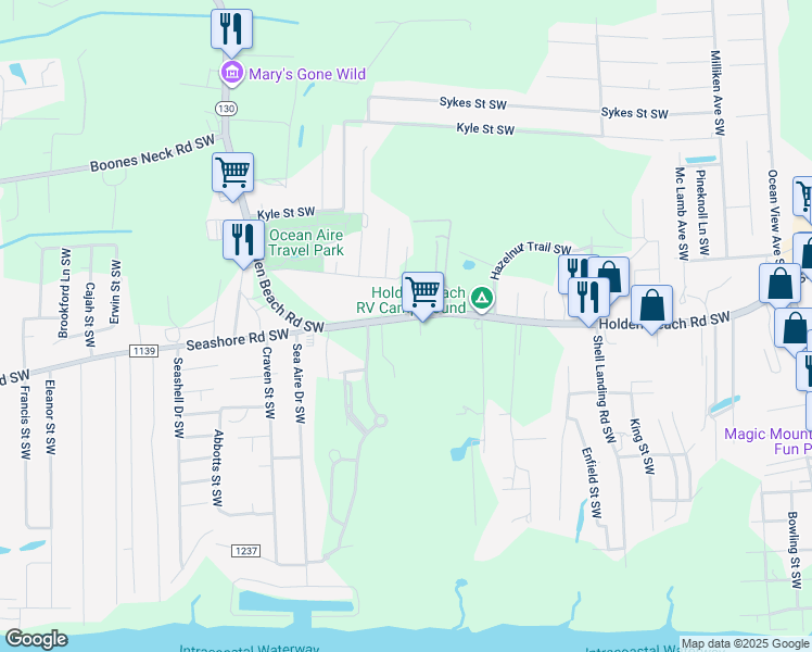 map of restaurants, bars, coffee shops, grocery stores, and more near 2799 Holden Beach Road Southwest in Supply