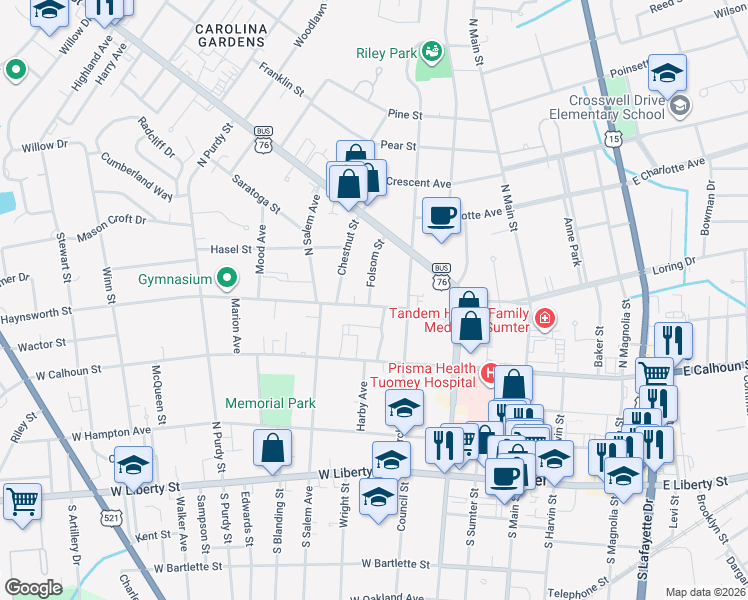 map of restaurants, bars, coffee shops, grocery stores, and more near 15 Haynsworth Street in Sumter