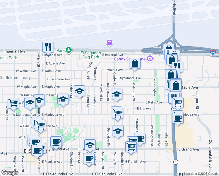map of restaurants, bars, coffee shops, grocery stores, and more near 764 Bungalow Drive in El Segundo