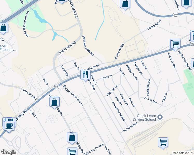 map of restaurants, bars, coffee shops, grocery stores, and more near 4464 Bruce Street in Doraville