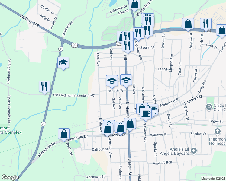 map of restaurants, bars, coffee shops, grocery stores, and more near 504 Hood Street West in Piedmont