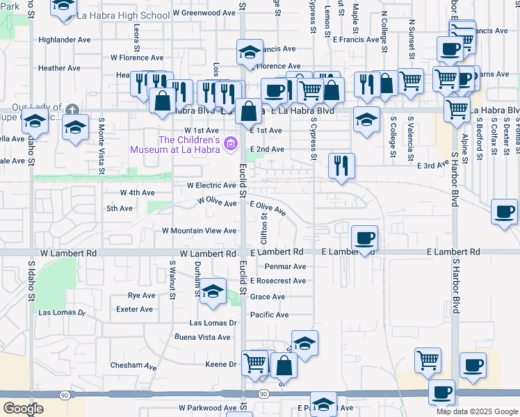 map of restaurants, bars, coffee shops, grocery stores, and more near 501 Clifton Street in La Habra