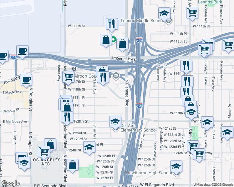 map of restaurants, bars, coffee shops, grocery stores, and more near 5211 Pacific Concourse Drive in Los Angeles