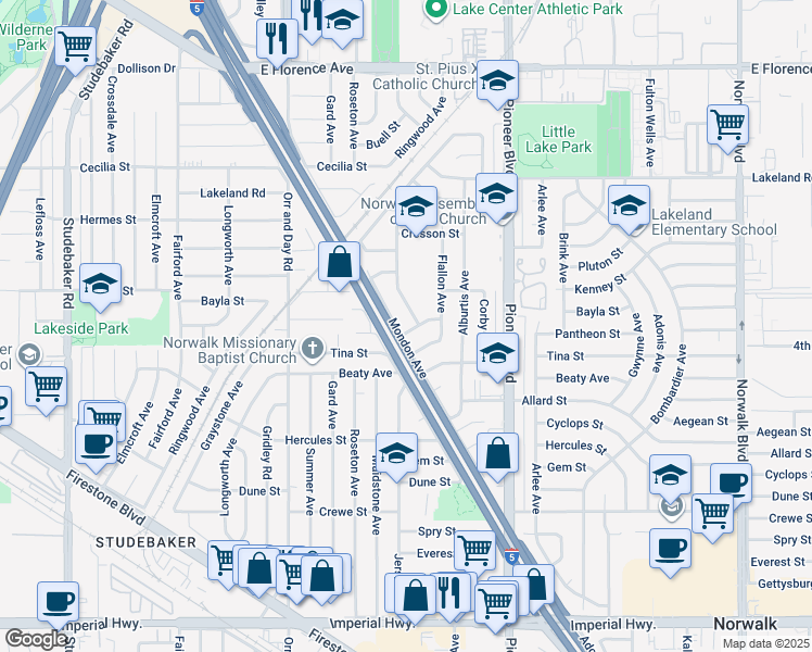 map of restaurants, bars, coffee shops, grocery stores, and more near 11607 Bayla Street in Norwalk