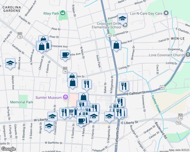 map of restaurants, bars, coffee shops, grocery stores, and more near 12 Loring Drive in Sumter