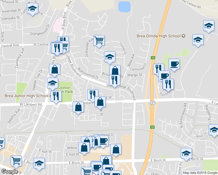map of restaurants, bars, coffee shops, grocery stores, and more near 627 Candlewood Street in Brea