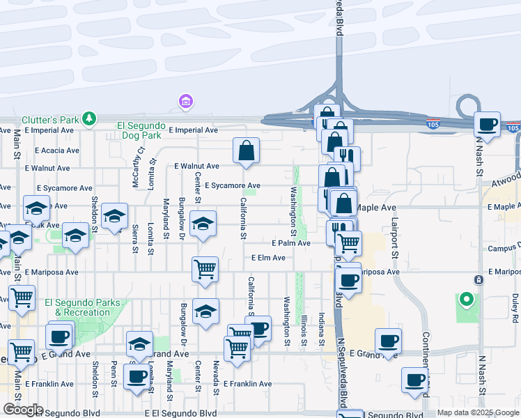 map of restaurants, bars, coffee shops, grocery stores, and more near 1416 East Maple Avenue in El Segundo