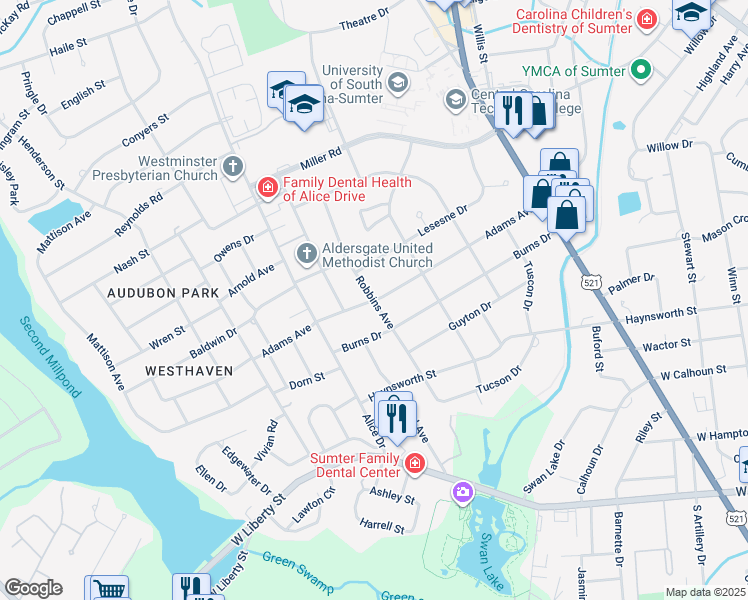 map of restaurants, bars, coffee shops, grocery stores, and more near 314 Robbins Avenue in Sumter