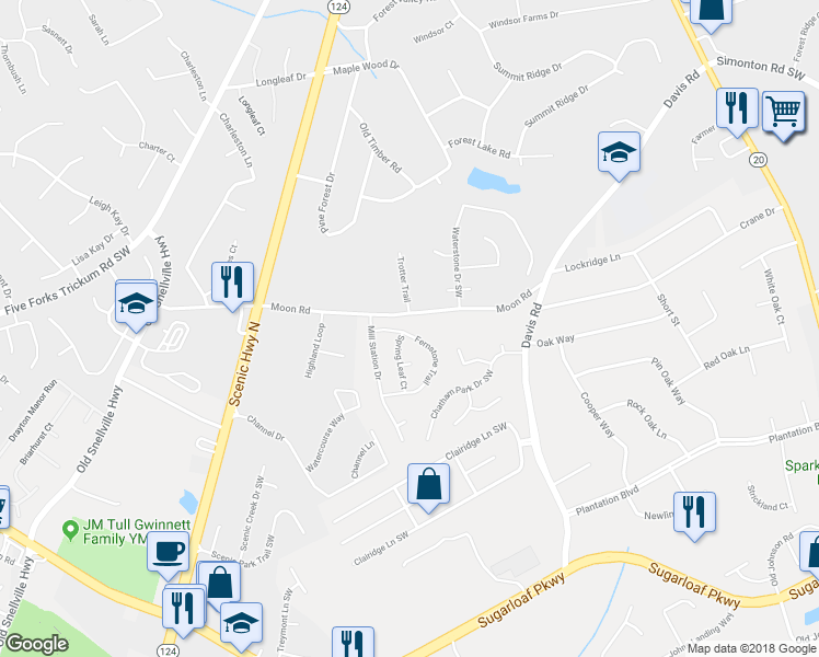 map of restaurants, bars, coffee shops, grocery stores, and more near 614 Fernstone Trail in Lawrenceville