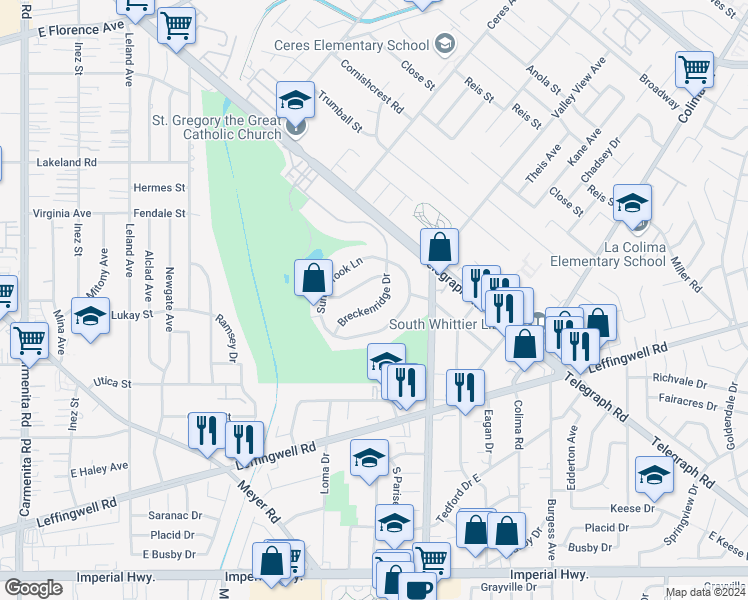 map of restaurants, bars, coffee shops, grocery stores, and more near 11515 Breckenridge Drive in Whittier