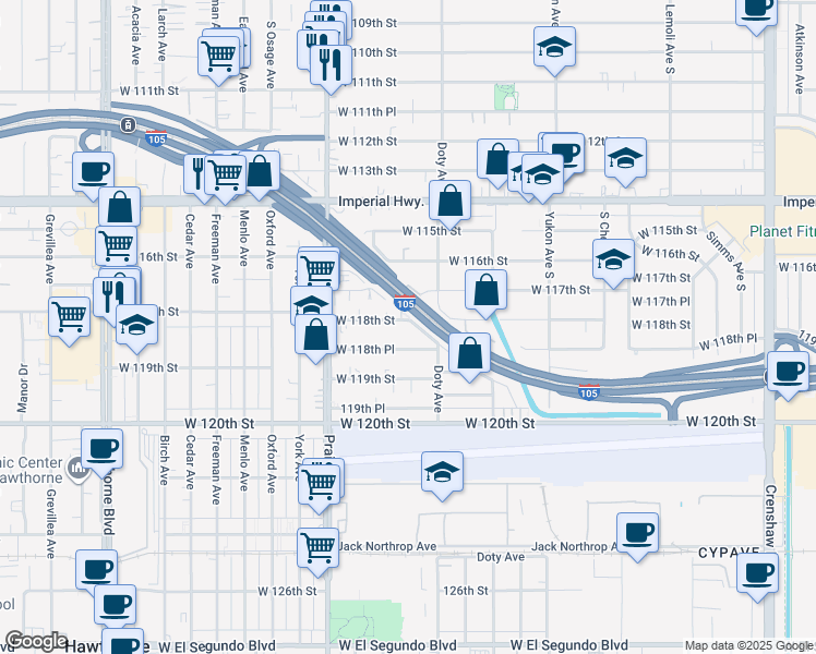 map of restaurants, bars, coffee shops, grocery stores, and more near 3830 West 118th Street in Hawthorne