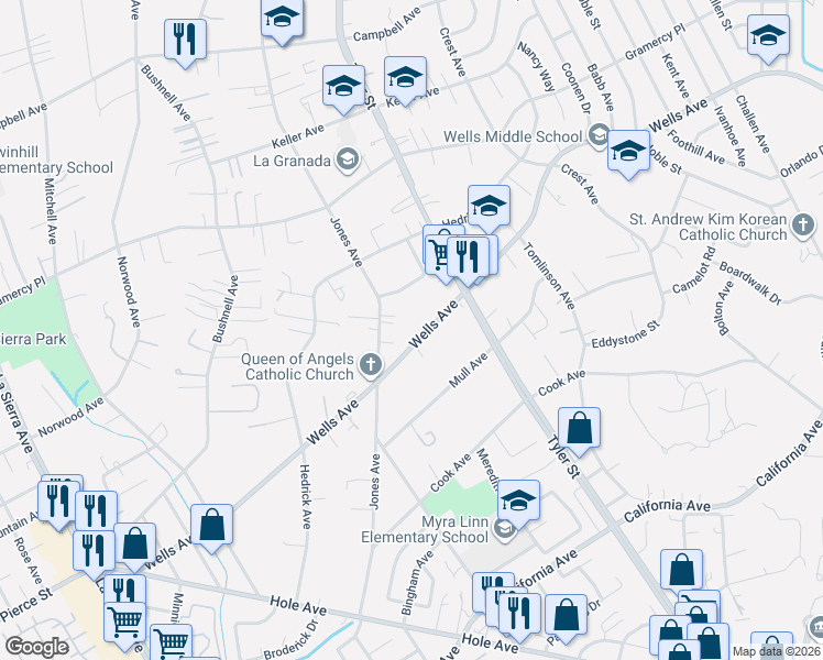 map of restaurants, bars, coffee shops, grocery stores, and more near 4935 Jones Avenue in Riverside