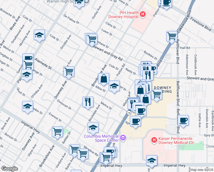 map of restaurants, bars, coffee shops, grocery stores, and more near 8605 Boyne Street in Downey