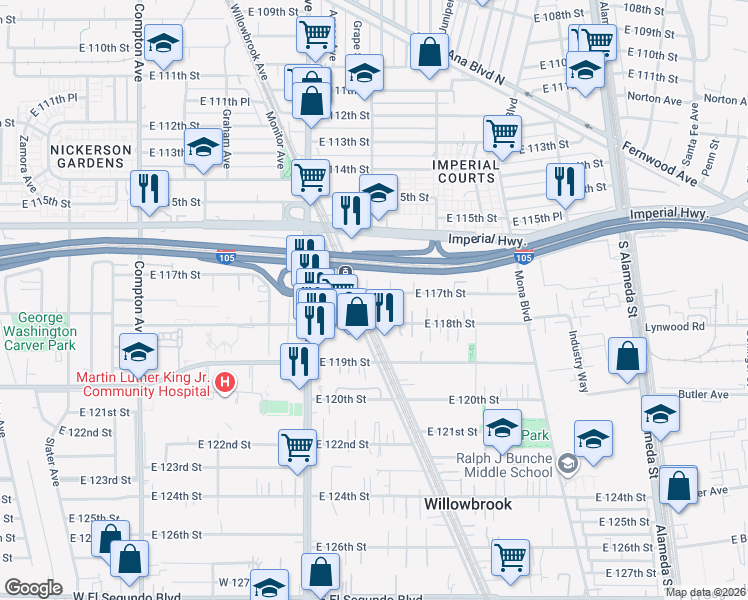 map of restaurants, bars, coffee shops, grocery stores, and more near 2022 East 117th Street in Los Angeles
