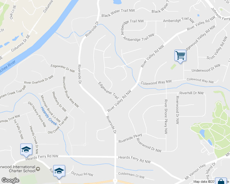 map of restaurants, bars, coffee shops, grocery stores, and more near 605 Edgewater Trail in Atlanta