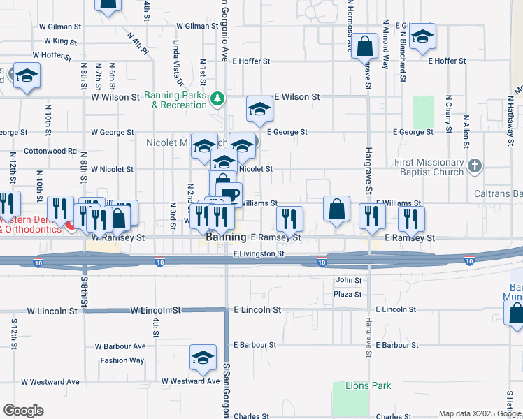 map of restaurants, bars, coffee shops, grocery stores, and more near 1225 North Alessandro Street in Banning