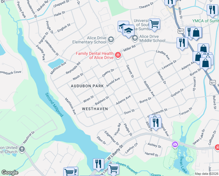 map of restaurants, bars, coffee shops, grocery stores, and more near 500 Arnold Avenue in Sumter