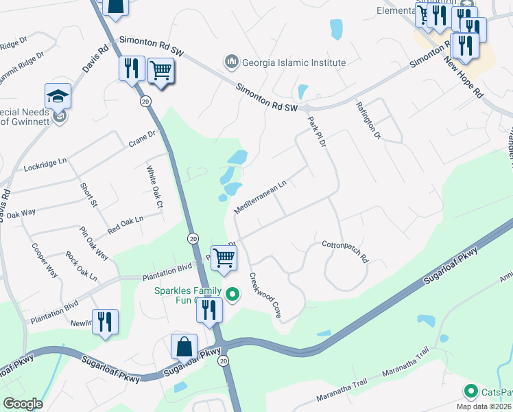 map of restaurants, bars, coffee shops, grocery stores, and more near 222 Mediterranean Lane in Lawrenceville