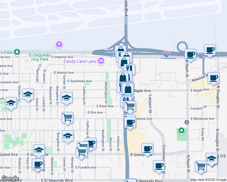 map of restaurants, bars, coffee shops, grocery stores, and more near 731 Indiana Court in El Segundo
