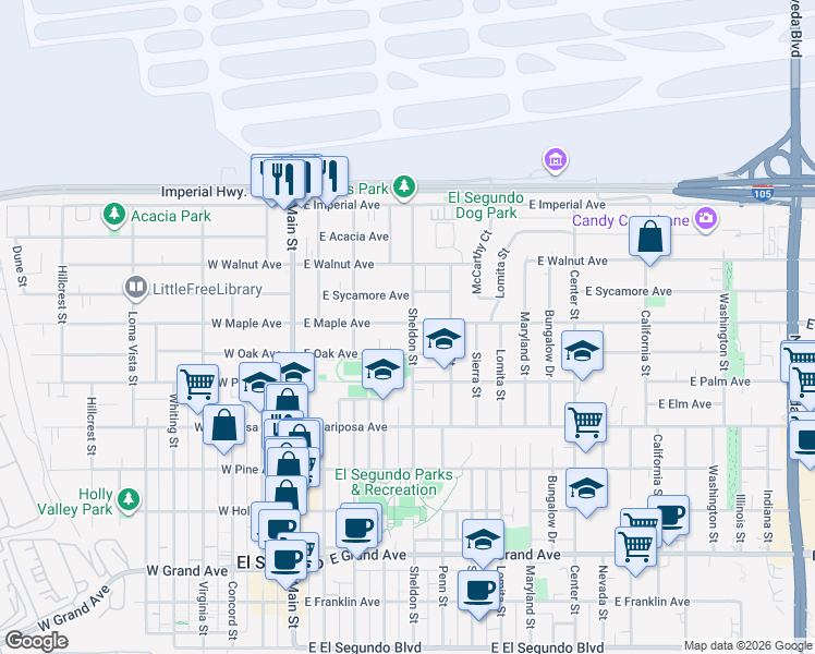map of restaurants, bars, coffee shops, grocery stores, and more near 430 East Maple Avenue in El Segundo