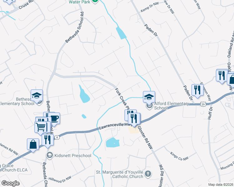 map of restaurants, bars, coffee shops, grocery stores, and more near 2705 Windstream Way Northwest in Lawrenceville