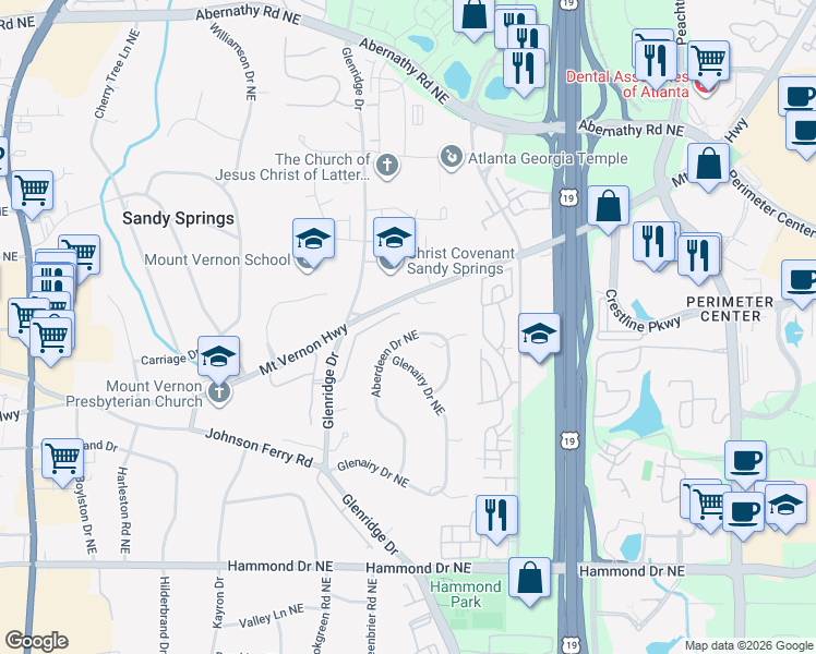 map of restaurants, bars, coffee shops, grocery stores, and more near 6300 Aberdeen Dr NE in Atlanta