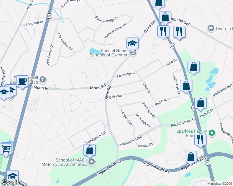 map of restaurants, bars, coffee shops, grocery stores, and more near 577 Oak Way in Lawrenceville