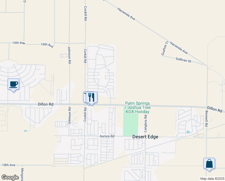 map of restaurants, bars, coffee shops, grocery stores, and more near 70200 Dillon Road in Desert Hot Springs