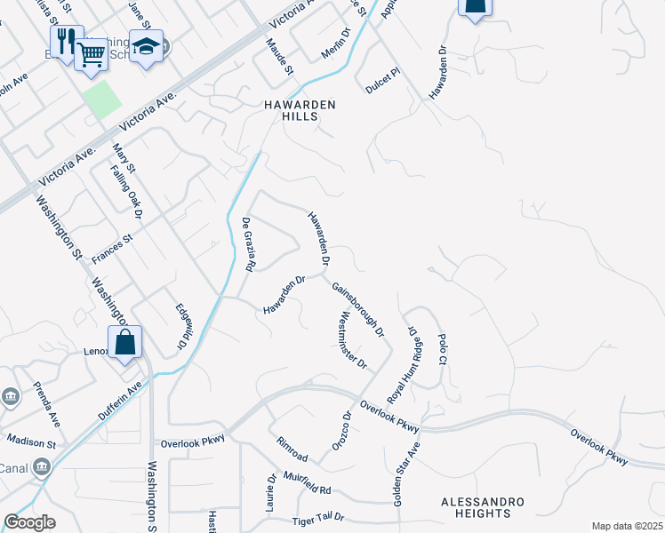 map of restaurants, bars, coffee shops, grocery stores, and more near 6756 Hawarden Drive in Riverside