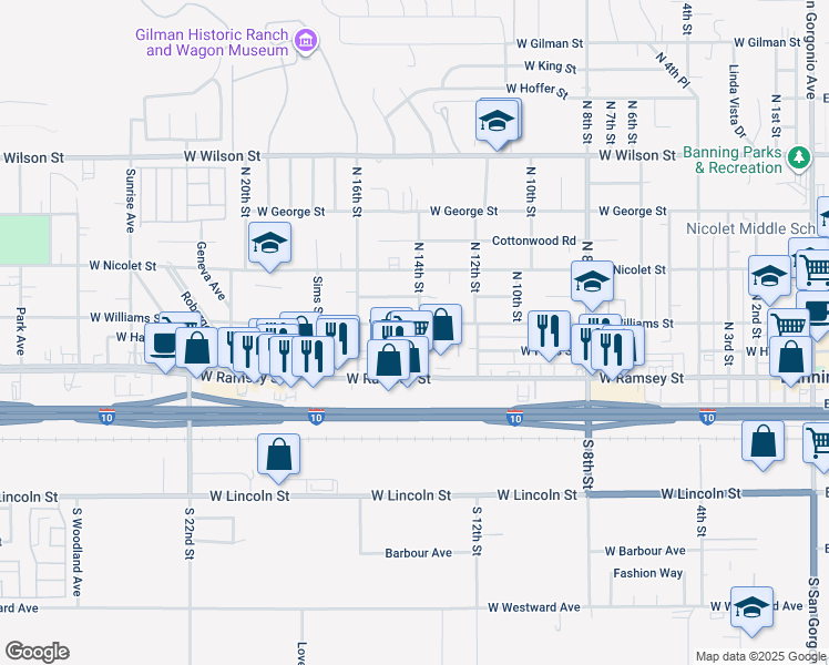 map of restaurants, bars, coffee shops, grocery stores, and more near 1414 West Williams Street in Banning