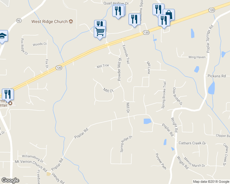 map of restaurants, bars, coffee shops, grocery stores, and more near 356 Powder Mill Drive in Dallas