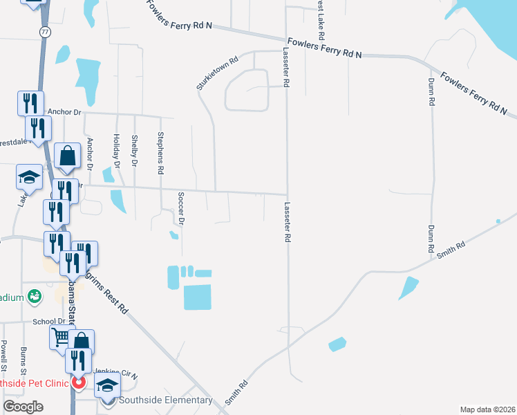 map of restaurants, bars, coffee shops, grocery stores, and more near 3637 Hall Drive in Southside