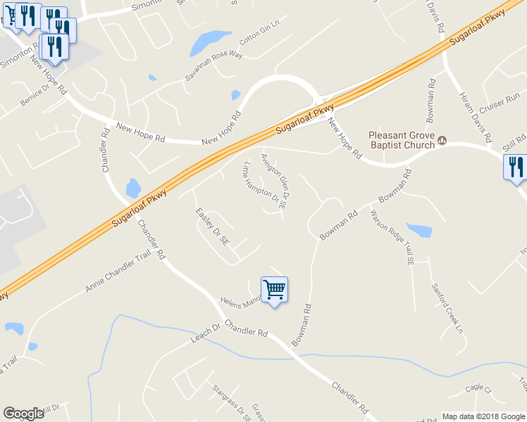 map of restaurants, bars, coffee shops, grocery stores, and more near 1319 Avington Glen Way in Lawrenceville