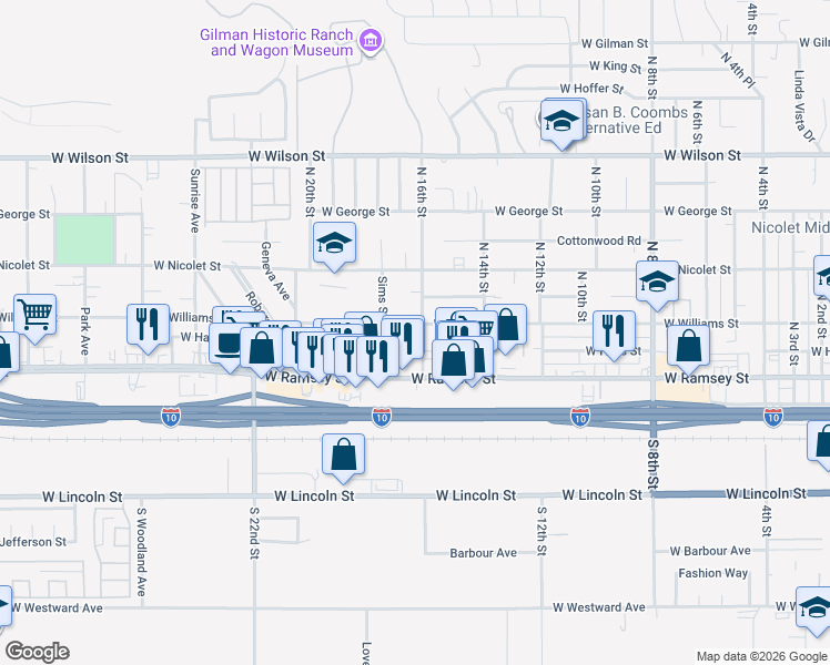 map of restaurants, bars, coffee shops, grocery stores, and more near 165 North 16th Street in Banning
