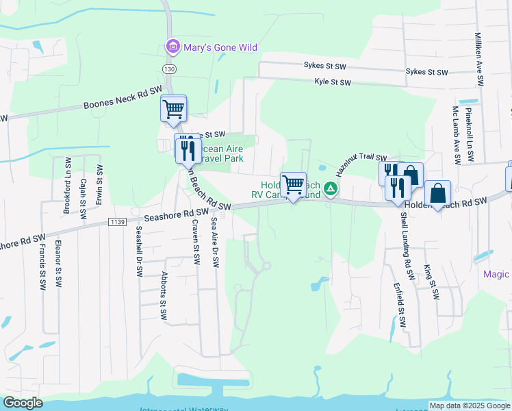 map of restaurants, bars, coffee shops, grocery stores, and more near 2745 Holden Beach Road Southwest in Brunswick County