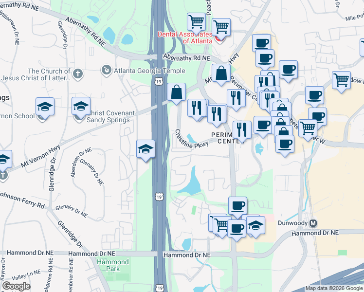 map of restaurants, bars, coffee shops, grocery stores, and more near 968 Persimmon Point Northeast in Atlanta