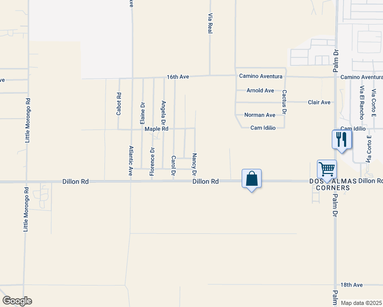 map of restaurants, bars, coffee shops, grocery stores, and more near 16725 Nancy Drive in Desert Hot Springs