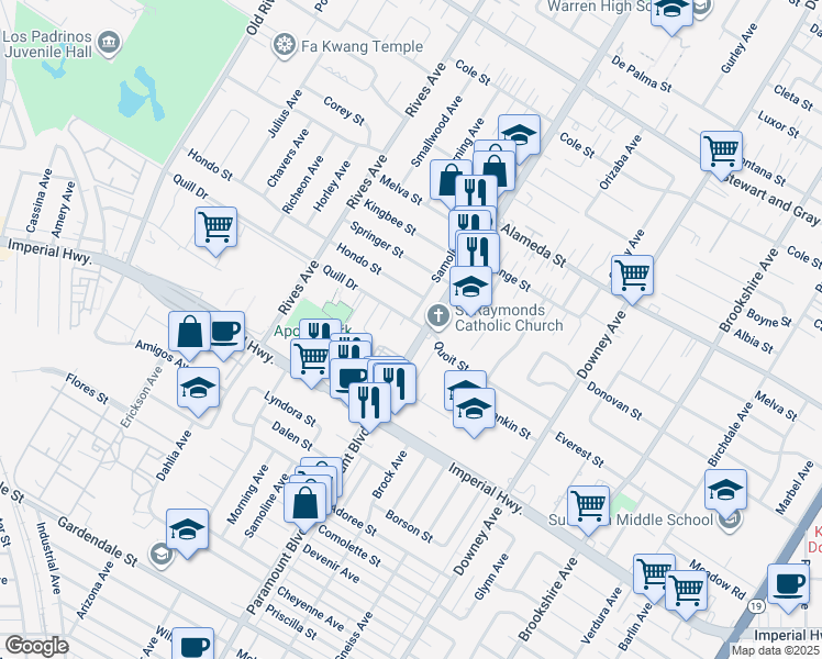 map of restaurants, bars, coffee shops, grocery stores, and more near 7968 Quill Drive in Downey