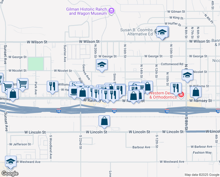 map of restaurants, bars, coffee shops, grocery stores, and more near 1820 West Williams Street in Banning