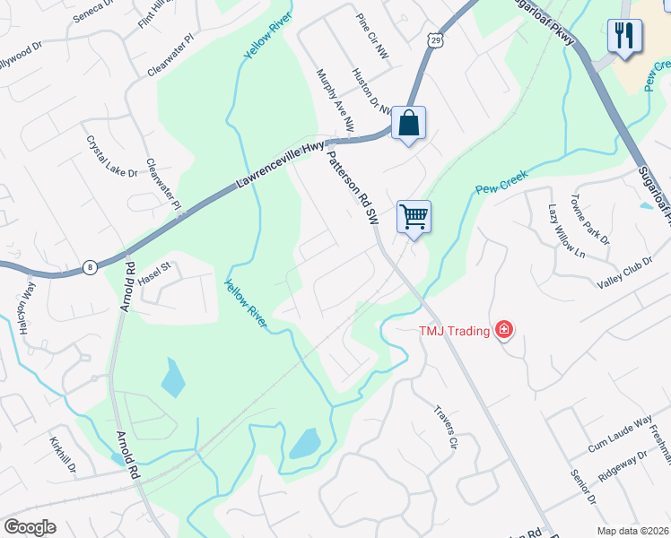 map of restaurants, bars, coffee shops, grocery stores, and more near 1901 Patterson Court in Lawrenceville